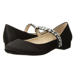 Betsey Johnson Mary Jane Black Satin Ballerina Flat shoes Rhinestone Strap 8.5
